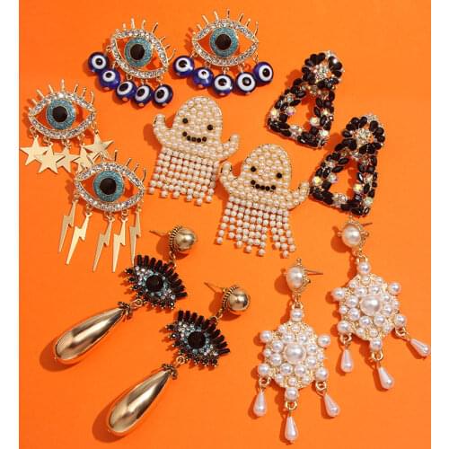 Flatfoosie Fashion Pearl Ghost Drop Earrings For Women Halloween Jewelry Party Gift Geometric Crystal Statement Earring