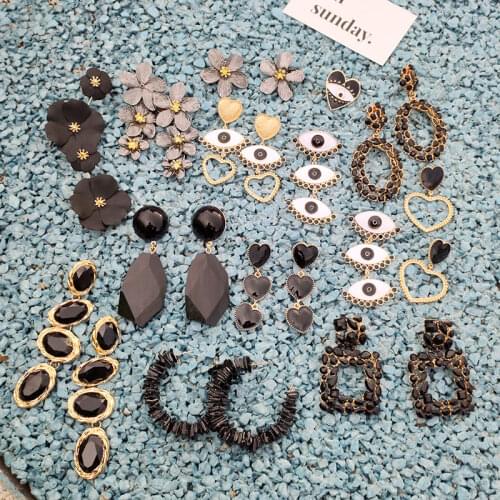 Flatfoosie Black Boho Dangle Drop Earrings For Women Crystal Geometric Big Eyes Shape Metal Flower Statement Earrings Jewelry