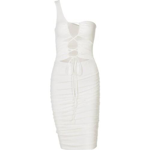 Quanss 2021 One Shoulder Hollow Out Sleeveless Ruched Sexy Dress Women Summer Streetwear Club Party Outfits Y2K Bodycon Dresses