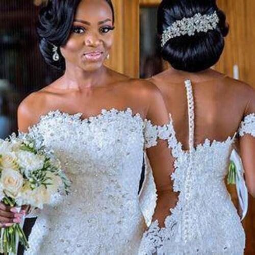 Mermaid Wedding Dress Long Sleeves Lace Appliques Rhinestone Sheer O-Neck African Wedding Gowns Vestido De Noiva Sereia