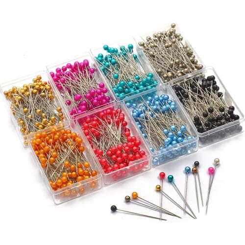 100pcs Colorful Round Pearl Head Dressmaking Pins Needles Stitch DIY Craft Wedding Corsage Sewing Positioning Box Sewing Tools