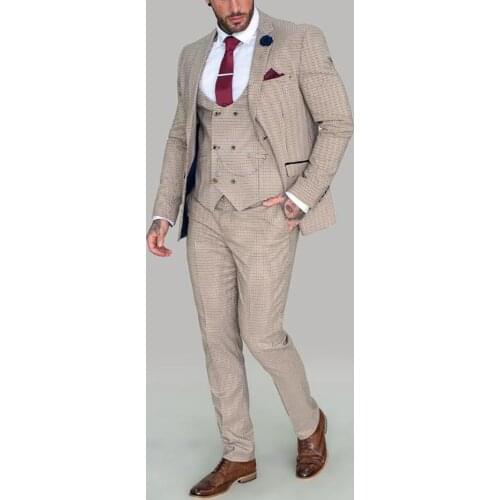 3 Pieces Houndstooth Mens Wedding Tuxedos Blazer&Pants&Vest Groom Groomsmen Suit Casual Custom Made Men Wear