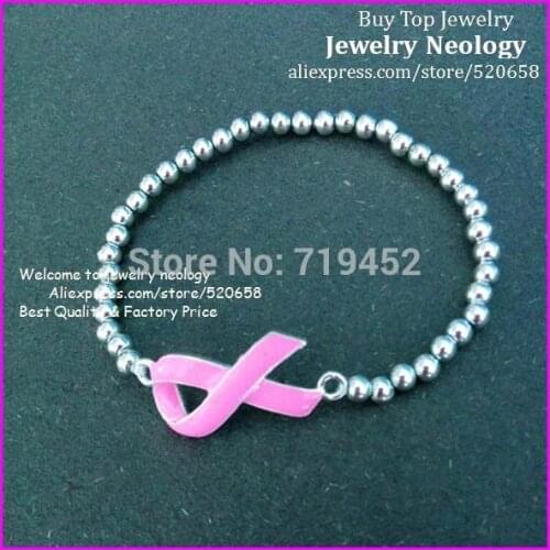 30PCS New Style Fashion Charm Tiny Bead Stretch Bracelet Pink Enamel Ribbon Breast Cancer Awareness Sign Bracelet Girl Gift