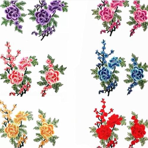 Clothing Accessories 1 Pair Peony Plum Blossom Flowers Patches Embroidered Applique for Clothing Collar DIY Motif