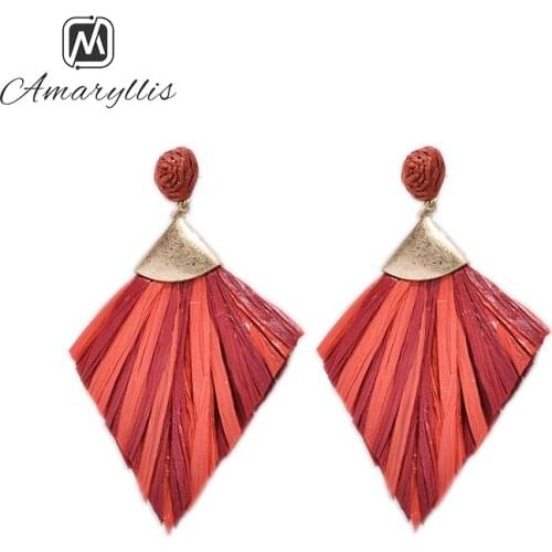 Amaiyllis Bohemia Environmental Laffey Grass Tassel Earrings Ethnic Geometric Fringed Stud Earrings Handmade Statement Earrings