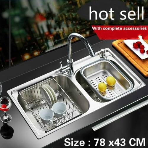 Free shipping Food grade 304 stainless steel hot sell kitchen sink 0.8 mm thick normal double trough and stretch tap 78 x43 CM