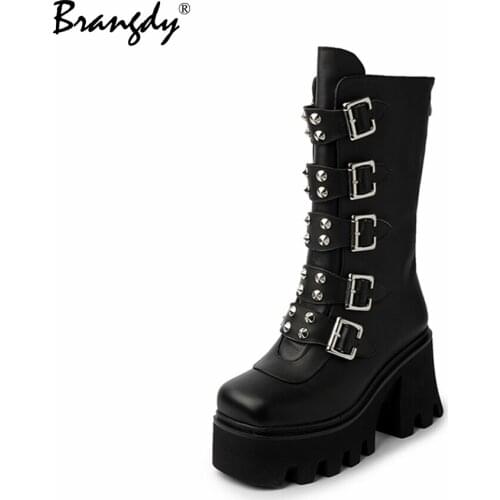 Brangdy Genuine Leather Women Mid Calf Boots Fashion Rivet Belt Buckle Womens Goth Shoes Chunky Heels Zipper Women Winter Boots