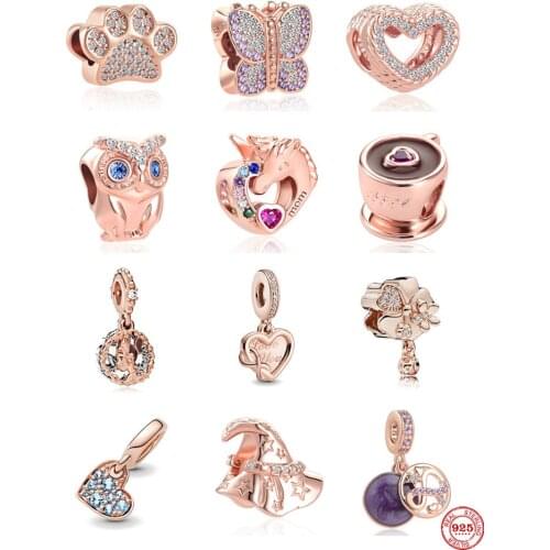 NEW European Rose Gold Owl Dog Paw Butterfly Hat Unicorn DIY Fine Beads Fit Original Pandora Charms Silver 925 Bracelet Jewelry