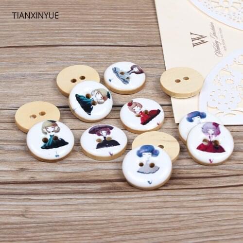 TIANXINYUE 25mm White Fashion girl wooden buttons Natural Wooden Round Button Scrapbooking Sewing Accessories DIY Craft