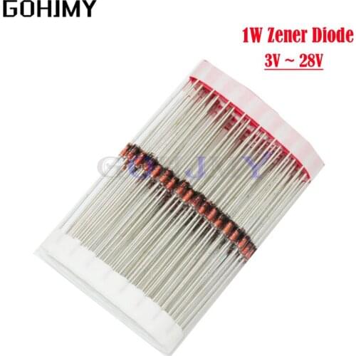 100pcs 1W Zener diode DO-41 3V 3V3 3V6 3V9 4V7 5V1 5V6 6V2 6V8 7V5 8V2 9V1 10V 11V 12V 13V 15V 16V 18V 20V 28V 1N4742A 1N4728A