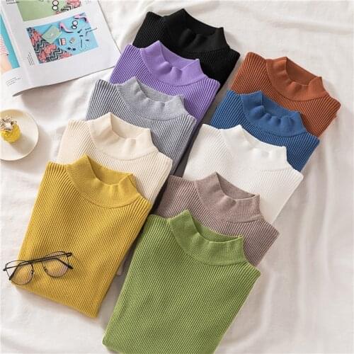 FMFSSOM Autumn Women Knitted Pullover Sweater Half Turtleneck Long Sleeve Jumper Winter Elastic Solid Basic Ladies Blouse