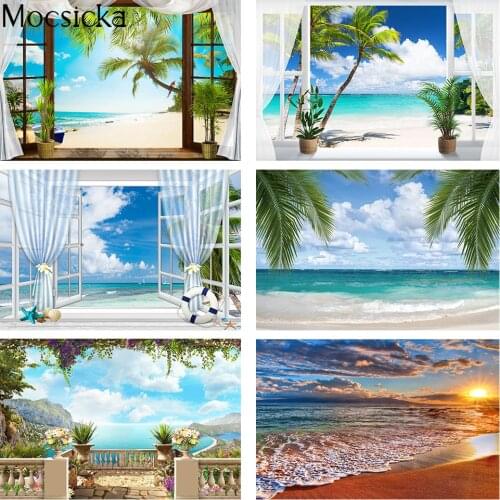 Summer Sea Beach Portrait Backdrop Photography Window Natural Scenery Photo Background Blue Sky Sunset Palm Trees Photoshoot