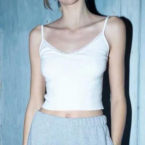 2020 Summer New Fashion Women V-neck Lightweight Ribbed Cotton Camis Top With Spaghetti Straps And Lace Trimming