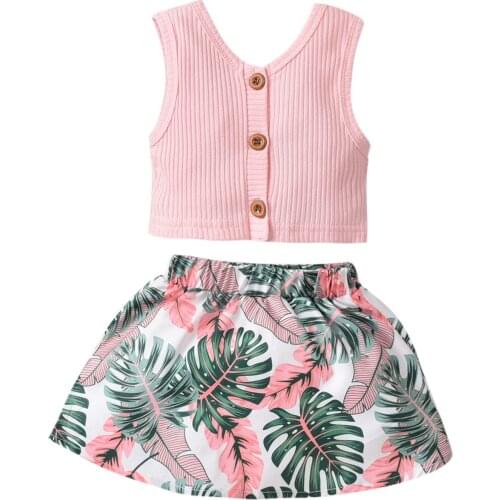 2 Pcs Infant Summer Outfits Baby Girl Sleeveless Ribbed V-Neck Button Tank Top + Tropical Leaf Print Skirt