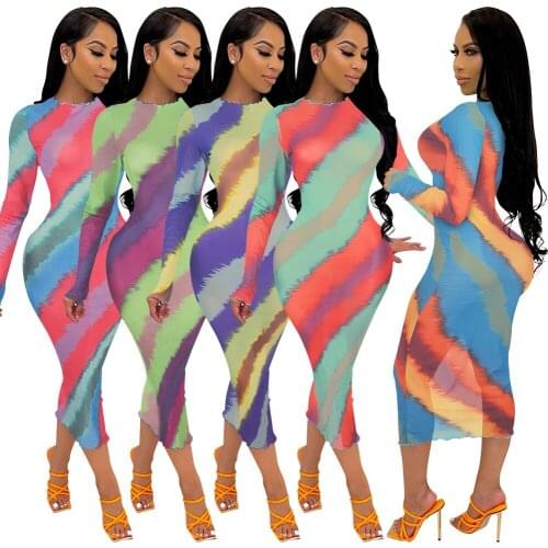Fashion Printed Mesh Long Dress Women Ruffles Hem Bodycon Dresses Long Sleeve See Through Party Clubwear Spring Autumn Clothes