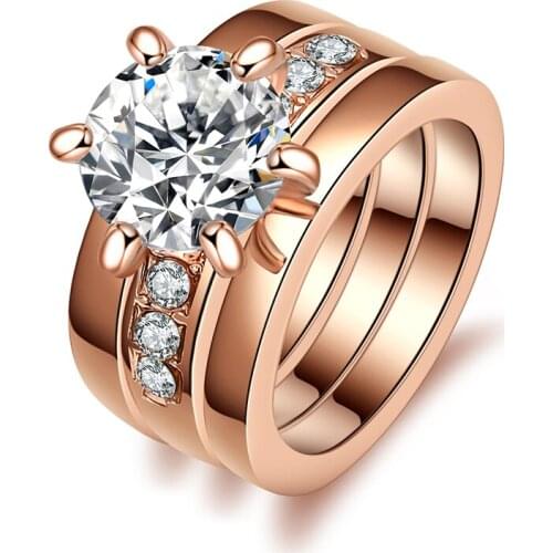 Rose Gold Wedding Jewelry Rings Set Include 3 Pieces Rings With Austrian Crystal Stellux Cubic Zirconia Women Zircon Rins