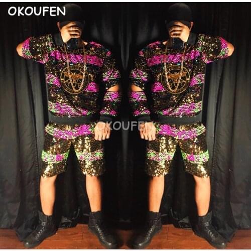 New Sequined colorful hollow Sweater Costume Nightclub bar male singer DJ DS tide stage dance show performance clothing