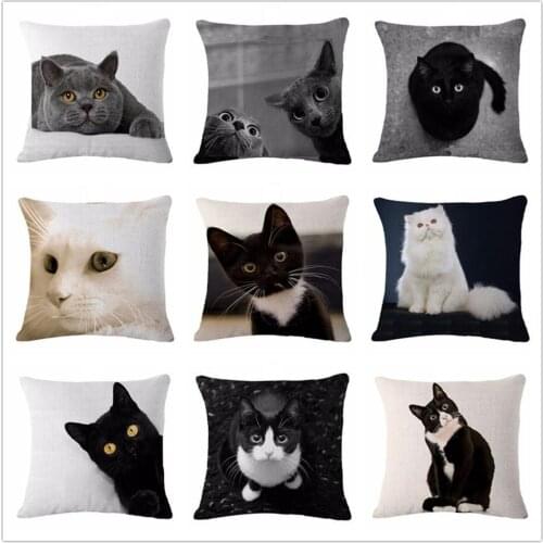 New Linen Pillow Cover Black White Throw Cushion Cover Lovely Cat Kitchen Living Room Decoration Home Decorative Pillow Case