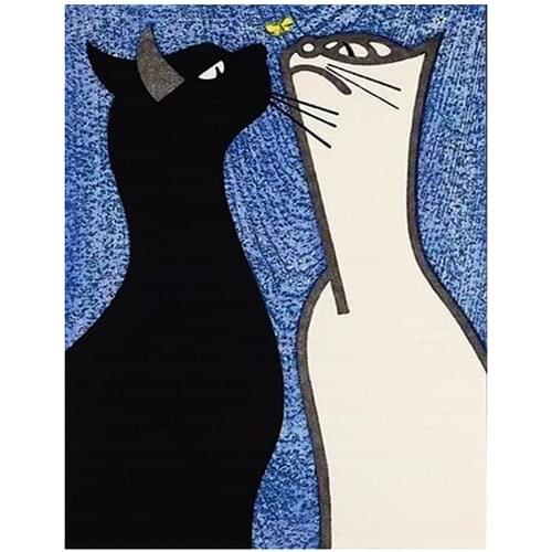 Canvas Prints Poster White Cat Black Cat And Butterfly Home Decor Paintings Wall Art Picture Modular Living Room No Framework