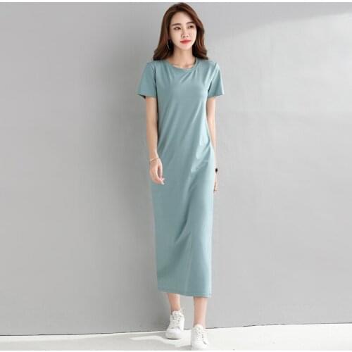 Casual Long Dress Solid Color O-neck T-shirt Dress Women Cotton Short Sleeve 2020 Womens Summer Blue Dress Mujer Vestidos Q65