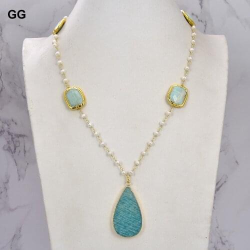 GuaiGuai Jewelry Natural Pearl Chain Necklace Peruvian Amazonite Bezel set Pendant For Women