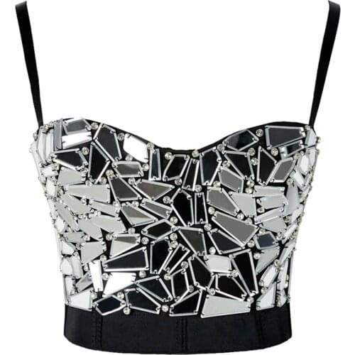 Women Summer Sexy Rave Outfit Corset with Rhinestones Silver Sequin Glitter Crop Top Strass Goth Festival Clothing Dropshipping
