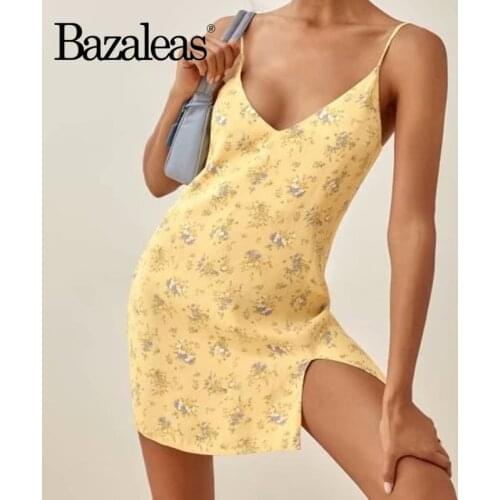 Bazaleas Vintage Split Summer Dresses Elegant V Neck Fashion Yellow Floral Print Vestidos Casual Dress