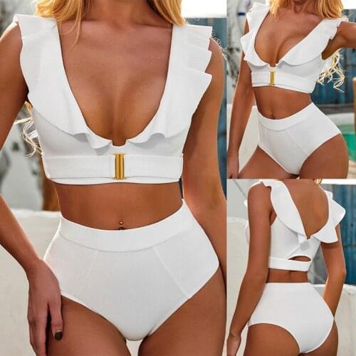 Womens Fashion Sexy Bikini 2-Piece Ruffle Swimsuit Set White