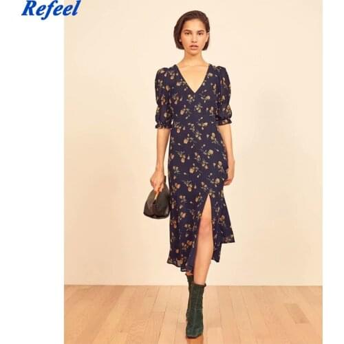 Vintage Prairie Chic Floral Print Dress Women V Neck Puff Sleeve A-line Sexy Slits Summer Dress Elegant robe Femme