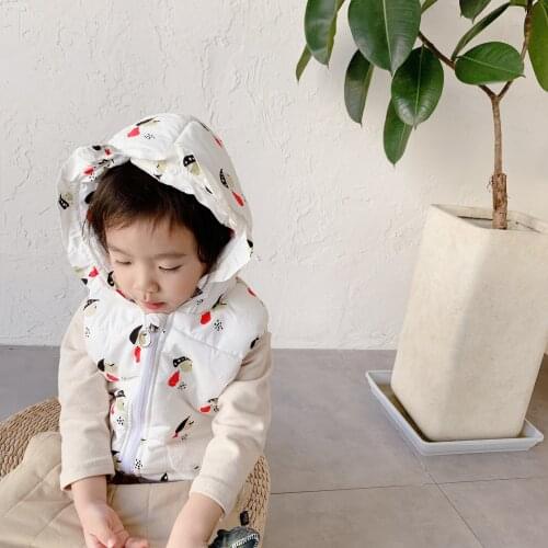 2020 New Childrens Down Vest Boys Plus Velvet Thick Waistcoat Fashion Girls Korean Printing Hooded Vest Outerwear Baby Clothes