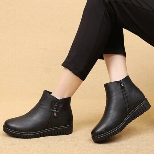 Winter Quality Women Snow Ankle Boots Solid Pu Leather Sewing Warm Wool Lining Fluffy Furry Round Toe Comfortable Shoes Ladies