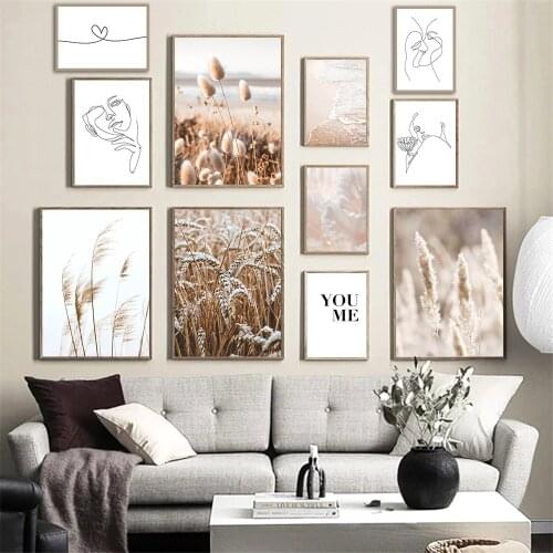 Abstract Line Drawing Posters Canvas Painting Wheat Bunny Tail Grass Reed Print Beach Wave Wall Art Pictures Living Room Decor