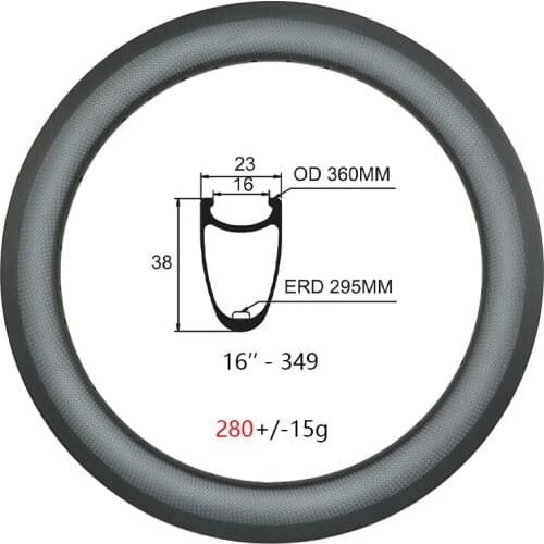 BMX 16 inch 349 38mm Depth Carbon Rim 16'' V Brake Clincher 23mm Width UD 3K 12K 16-36H 16er Road Folding Bicycle Carbon Wheel
