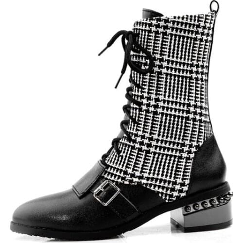 Big Size 9 10 11-17 boots women shoes ankle boots for women ladies boots Cross strap buckle with check matching color