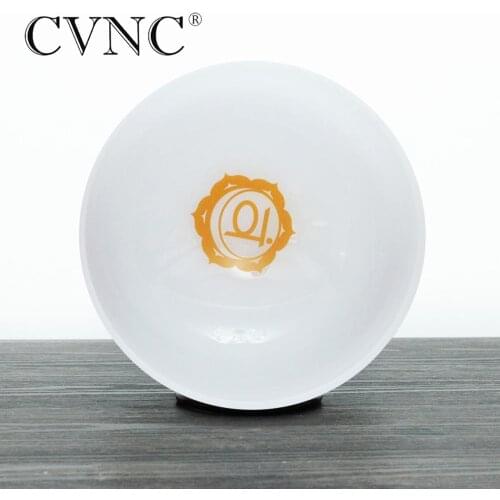 CVNC 8" Chakra Design Pattern Energy Note D Navel Chakra Frosted Quartz Crystal Singing Bowl for Meditations