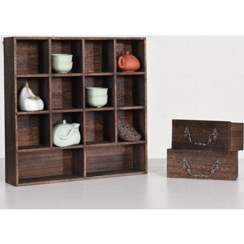 41x41cm Burnt Paulownia Wood teapot shelf wood rack with Drawers Trays Tea Saucer Chinese teacup collection Crafts display tray