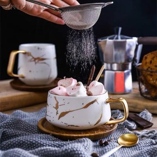 ANTOWALL Ceramic Coffee Mug with Wooden Saucer Set Golden Marble Nordic Milk Cup Set (No Spoon)