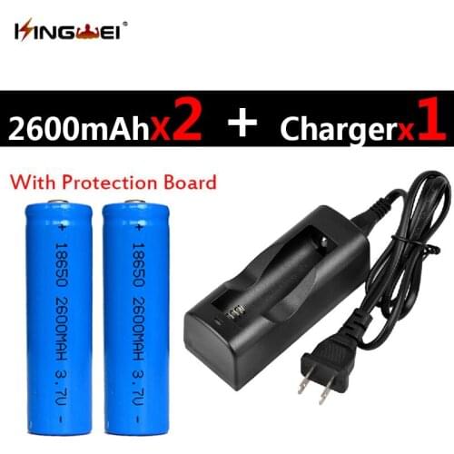KingWei 2Pcs Protected 18650 Batteries 3.7v 2600mah Rechargeable Li-ion Battery+1pc NK-803C Charger for Headlight US/EU Plug