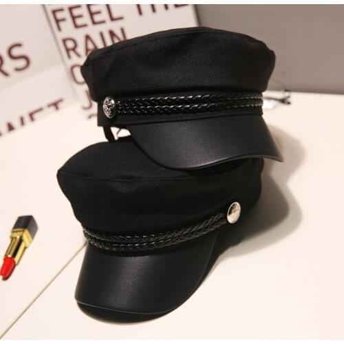 Fashion Unisex PU Leather Military Hat Autumn Sailor Hats for Women Men Black Grey Flat Top Female Travel Cadet Hat Captain Cap