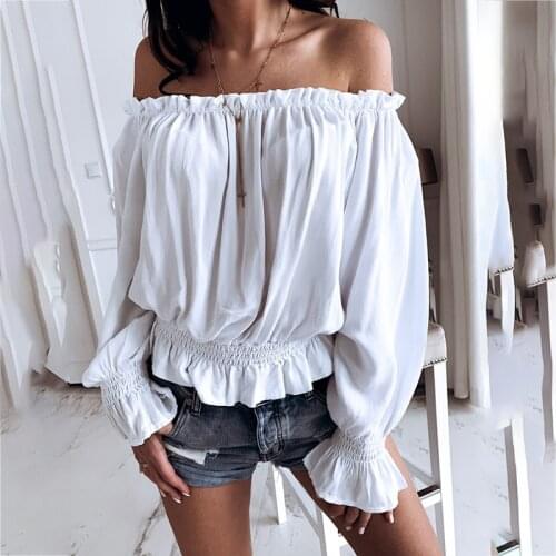 New Fashion Womens Casual Solid Sexy Off Shoulder Long Sleeve Shirt Tops Pleated T-shirt Tops Slash Neck Solid Shirt Plus Size
