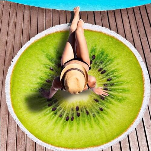 OLIVE HOME Microfiber Beach Towel For Adults Round Beach Mat Tassel Decorative Fruit Print Quick Dry Shawl Beach Towel