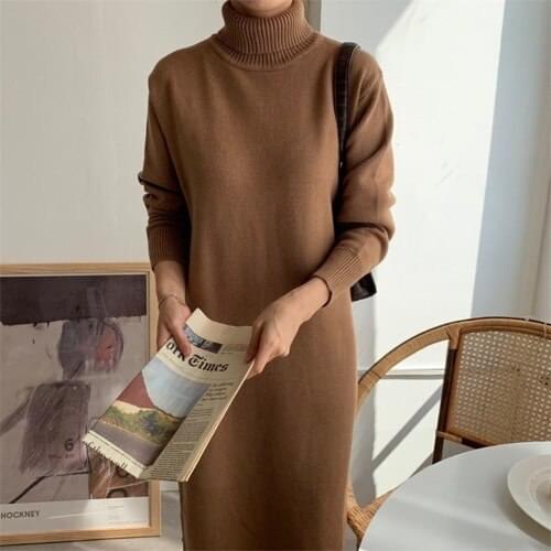 Casual Black Woman Winter Turtleneck Jumper Dresses Warm Korean New Solid Autumn Pollover Sweater Dress Women 2021 Thick Knitted