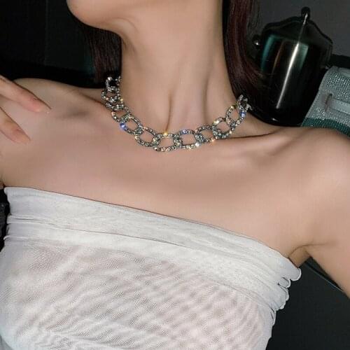 Exaggerated Rock Chunky Rhinestone crystal Chain Necklace women Steampunk Female Accessories Cuban Twist Big Thick silver Prom J