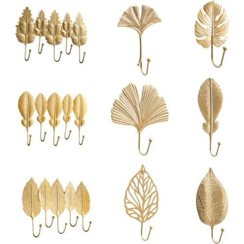 QX2E Nordic Luxury Leaf Shaped Hook Purse Coat Rack Key Hanger Home Wall Hanging Decoration Supplies