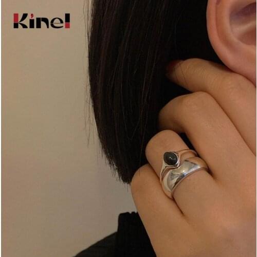 Kinel 100% Authentic 925 Sterling Silver Black Agate Ring Couple Adjustable Finger Rings Women Men Sterling Silver Jewelry Gift