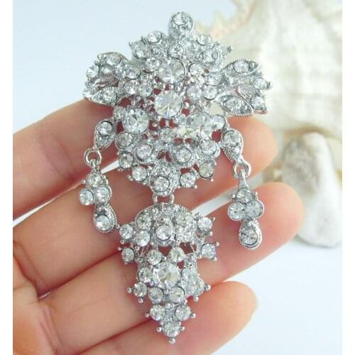 Wedding 2.95" Silver-tone Clear Rhinestone Crystal Flower Brooch Pin Pendant EE03543C1