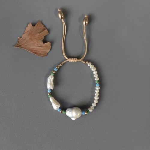 Handmade boho style retractable rope bangle ladies baroque pearl arm accessories natural freshwater pearl blue bead bracelet