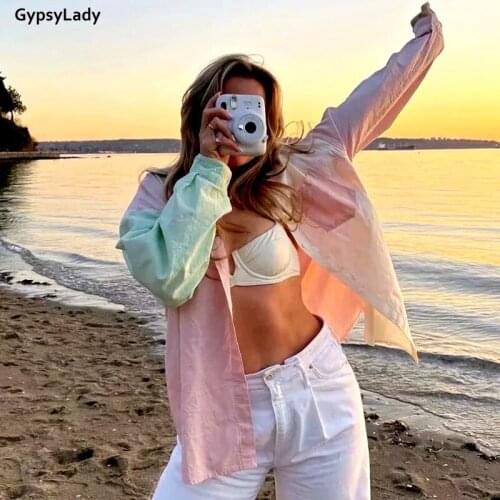 GypsyLady Color-block Patchwork Blouse Shirt Y2K Cotton Casual Chic Women Blouse Long Sleeve Pocket Oversized Ladies Female Top