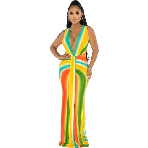 Women Tie Dye Print Sleeveless Long DressVintage Boho Striped Long Maxi Evening Party Beach Dress