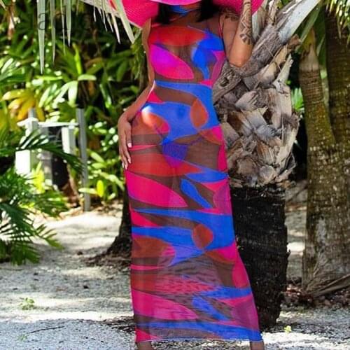 Women Sexy Sheer Mesh Sleeveless Round Neck Maxi Dress